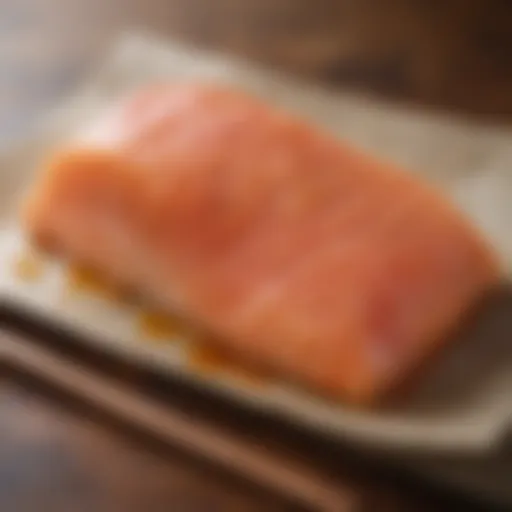 Sliced aburi salmon with a caramelized top showcasing its texture and color.