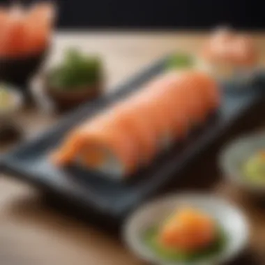 Beautifully arranged sushi plate featuring aburi salmon alongside traditional garnishes.