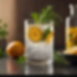 A vibrant glass of gin and juice garnished with fresh herbs