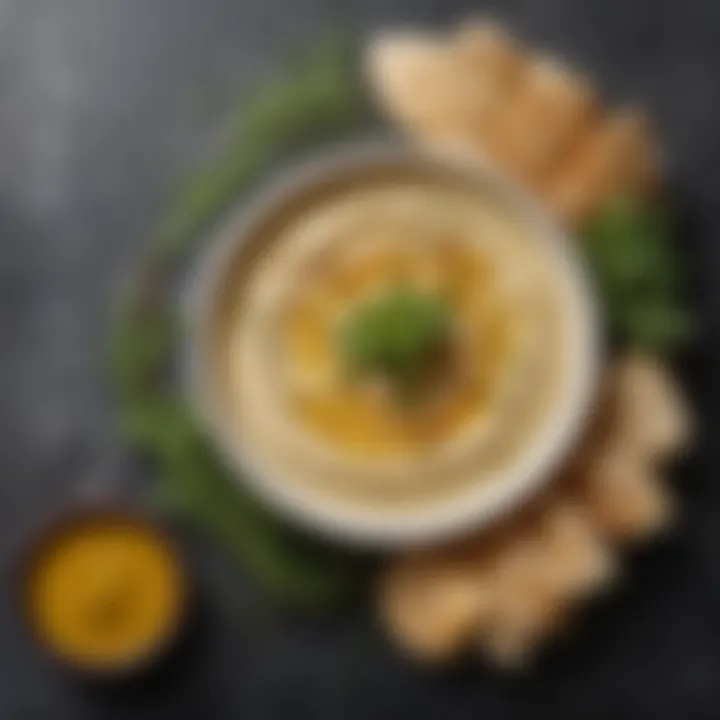 A beautifully garnished bowl of creamy hummus topped with olive oil and fresh herbs.