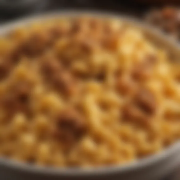 A close-up of creamy Kraft macaroni and cheese mixed with seasoned ground beef