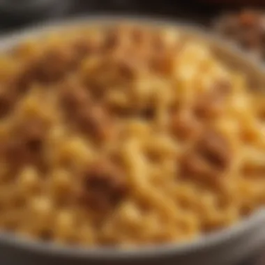 Creamy Mac and Cheese Blend A close-up of creamy Kraft macaroni and cheese mixed with seasoned ground beef