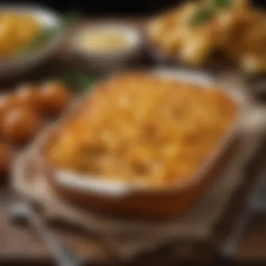 A rustic table setting featuring a baked macaroni and cheese dish