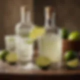 An elegant display of fresh lime, salt, and tequila bottles.