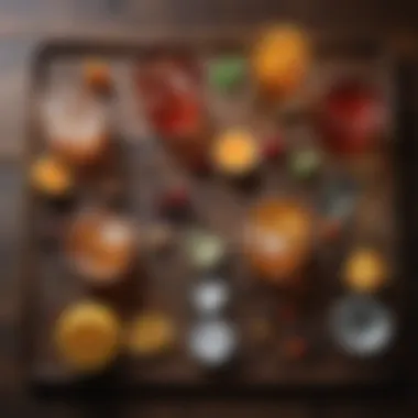 An array of ingredients for the Old Fashioned cocktail laid out on a wooden surface