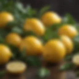Freshly picked lemons with vibrant green leaves