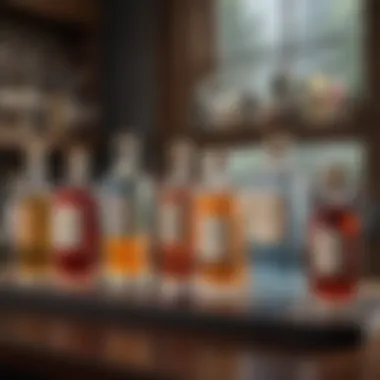 An elegant liquor display showcasing a variety of spirits and decor.