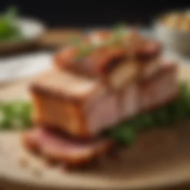 A close-up of crispy pork belly with a garnish of herbs