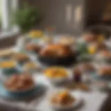 A beautifully arranged table set for an Easter feast featuring a variety of slow-cooked dishes.