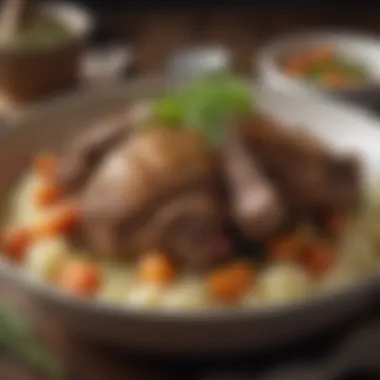 A close-up of a savory slow-cooked lamb dish garnished with fresh herbs, showcasing a festive flair.