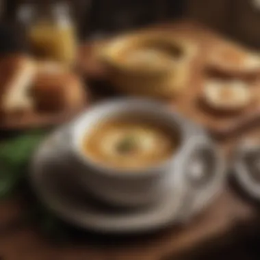 A rustic table setting with a bowl of French onion soup and fresh bread