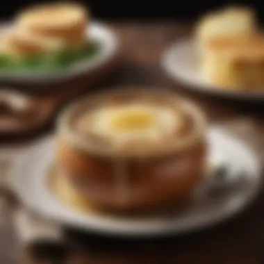 Served French Onion Soup with Cheese A bowl filled with steaming French onion soup topped with cheese