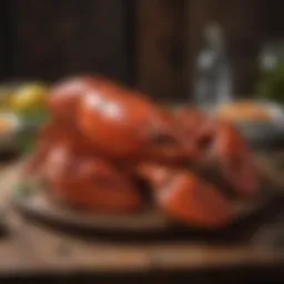 A majestic five-pound lobster on a rustic wooden table