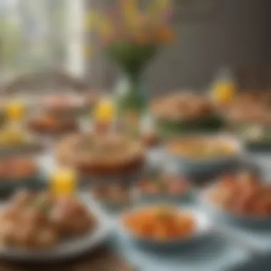 A beautifully arranged Easter brunch table with colorful decorations and delicious food.