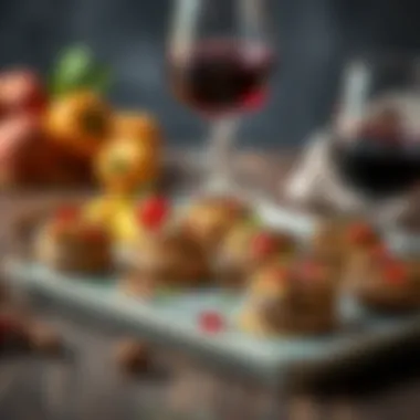 A vibrant platter of stuffed mushrooms paired with a glass of wine.