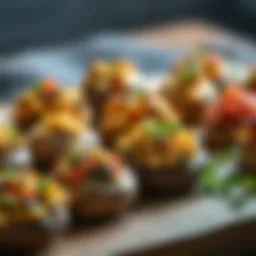 An array of stuffed mushrooms with various fillings.