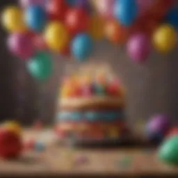 A vibrant birthday celebration scene with balloons and decorations
