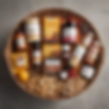 Nourishing Snacks and Wellness Products in a Self-Care Basket A selection of nourishing snacks and wellness products displayed elegantly