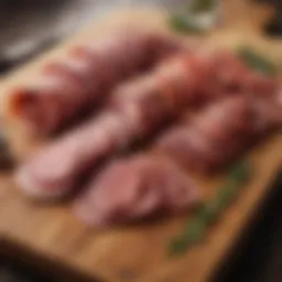 A variety of cured meats displayed artistically on a wooden board.
