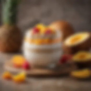 A creamy coconut chia pudding adorned with tropical fruits