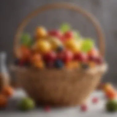 Artistic Fruit Basket for Easter Celebrations A vibrant display of colorful fruits arranged artistically in a basket.