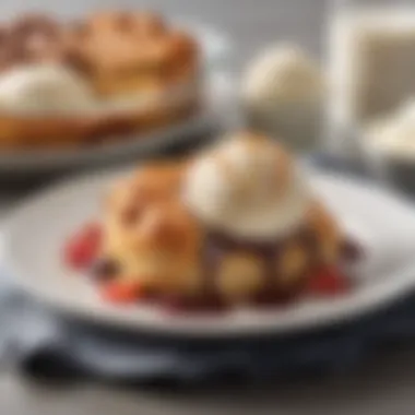 Bisquick Cobbler Served with Ice Cream A slice of Bisquick cobbler on a plate with a scoop of ice cream