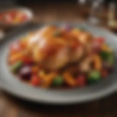 Plated chicken with colorful vegetables and sauce