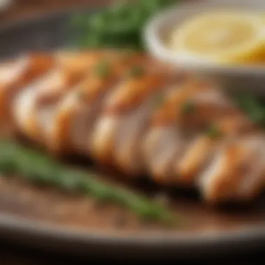 Sliced juicy chicken breast with herbs