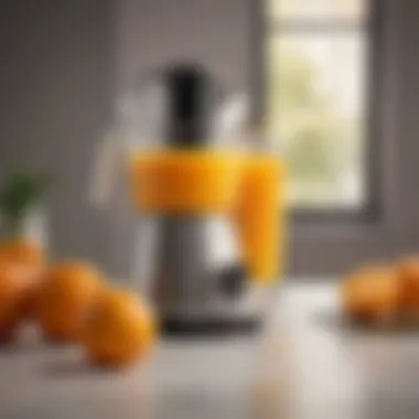 Refreshing Orange Juice Delight Freshly squeezed orange juice in a glass beside an electric juicer