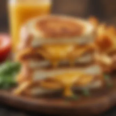 Gourmet Grilled Cheese Sandwich Presentation Golden-brown grilled cheese sandwich with a melty interior, garnished with fresh ingredients