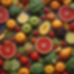 Colorful arrangement of fruits and vegetables rich in electrolytes