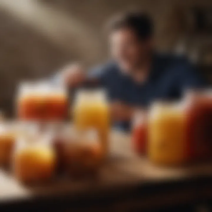 A person enjoying the results of fermentation with various fermented foods in glass jars