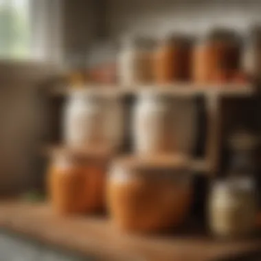 Fermenting Crocks in a Kitchen Setting A well-organized kitchen shelf displaying different types of fermenting crocks along with ingredients