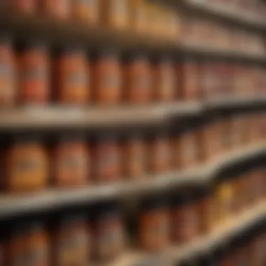 A vibrant display of various adobo sauce jars on a grocery shelf