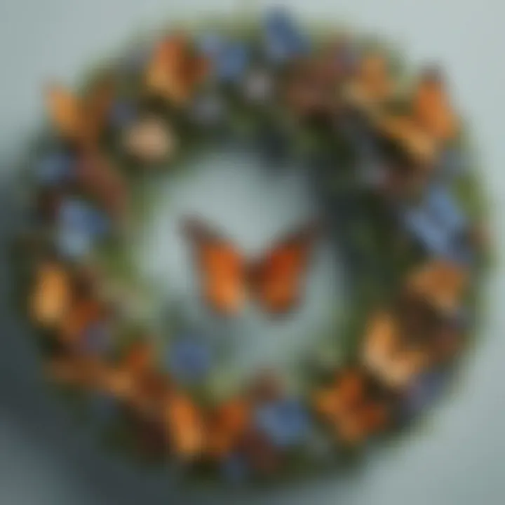 Close-up of intricate details in a butterfly wreath