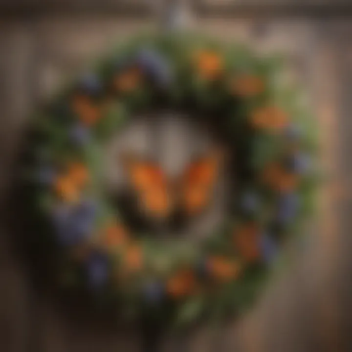 Elegantly crafted butterfly wreath on a rustic door