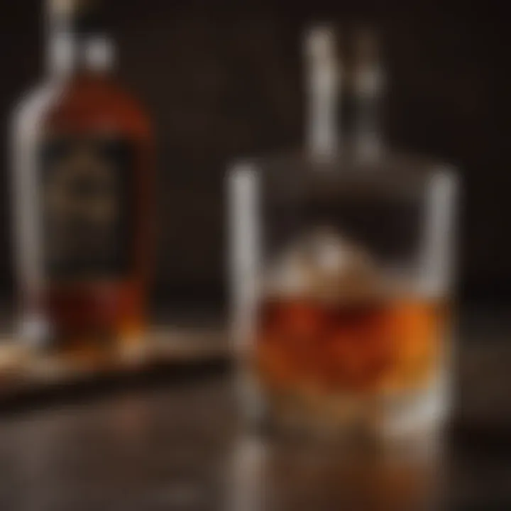 A glass filled with rich amber aged rum, highlighting its color and clarity.