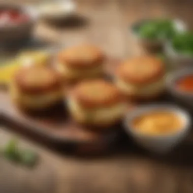 A table set with air fryer crab cakes and a variety of dipping sauces