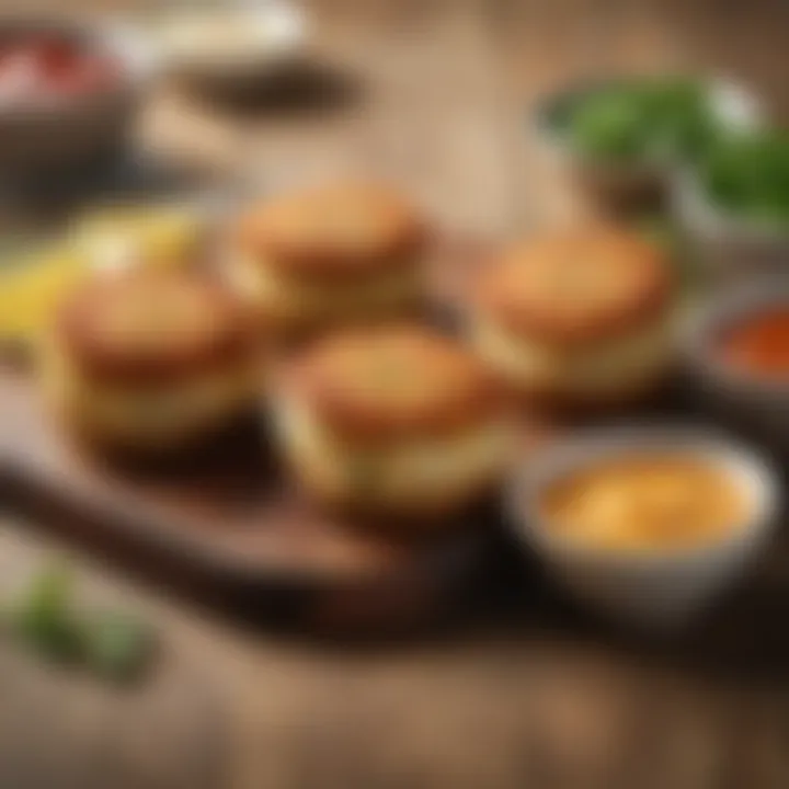 A table set with air fryer crab cakes and a variety of dipping sauces