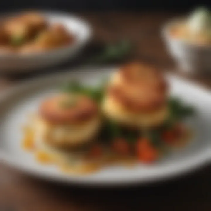 An elegant plating of crab cakes accompanied by seasonal vegetables