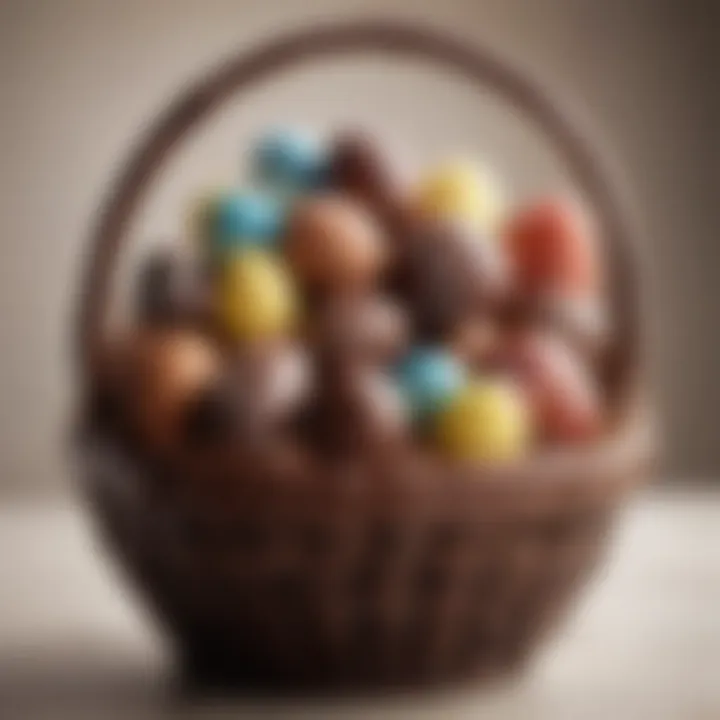 A close-up of a luxurious chocolate Easter basket showcasing premium chocolates and candies.