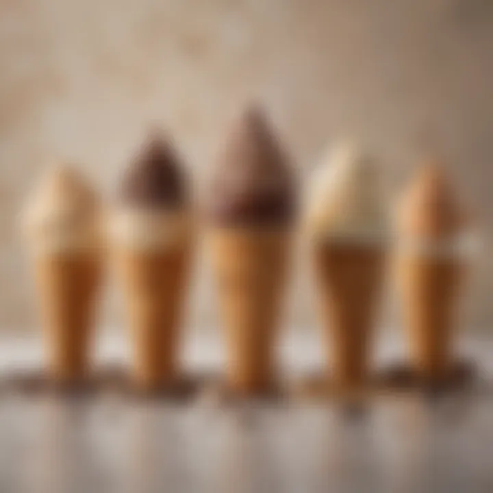 An artistic display of different coffee varieties alongside ice cream cones