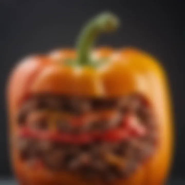 Close-up of a beef mixture being layered inside a bell pepper