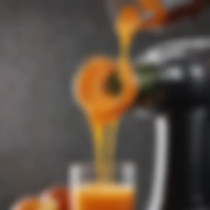 A close-up view of fresh juice flowing from a masticating juicer, showcasing vibrant colors.