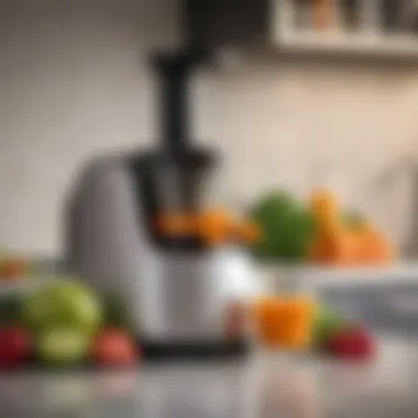 A sleek masticating juicer on a kitchen countertop with fresh fruits and vegetables.