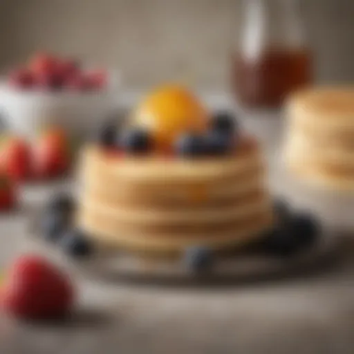 A stack of blini topped with fresh berries and honey