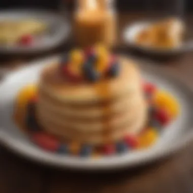 Traditional Pancakes with Seasonal Fruits A vibrant plate of traditional pancakes topped with fresh seasonal fruits and maple syrup.