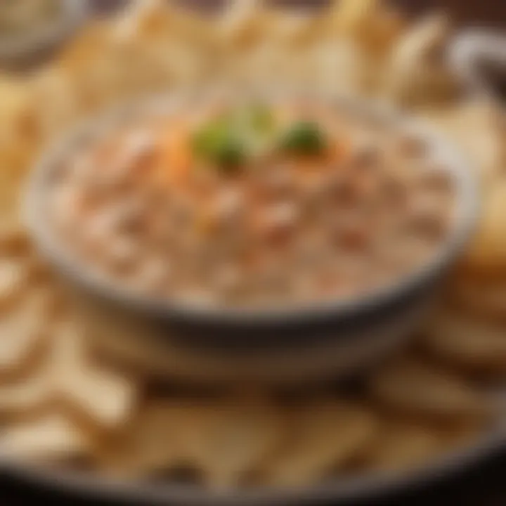 A close-up of a bowl filled with spicy chicken dip