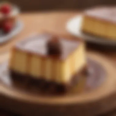 A close-up of the creamy flan texture complementing the chocolate cake.