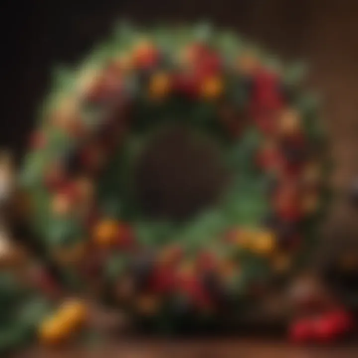 An artistic edible wreath made from various holiday ingredients